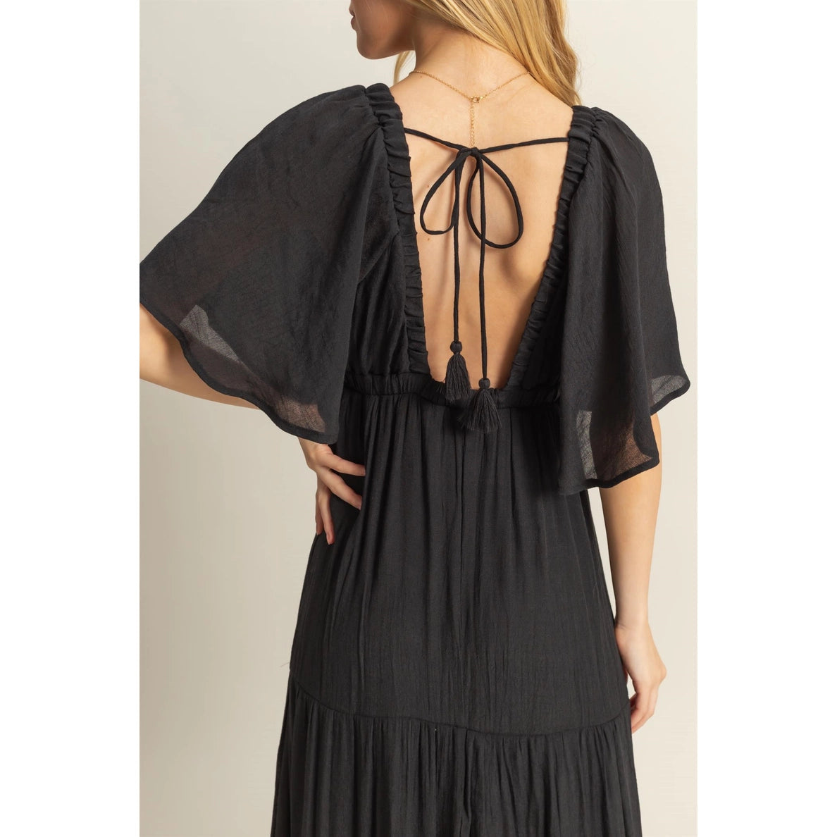 V-Neck Flowy Sleeves Tiered Maxi Dress