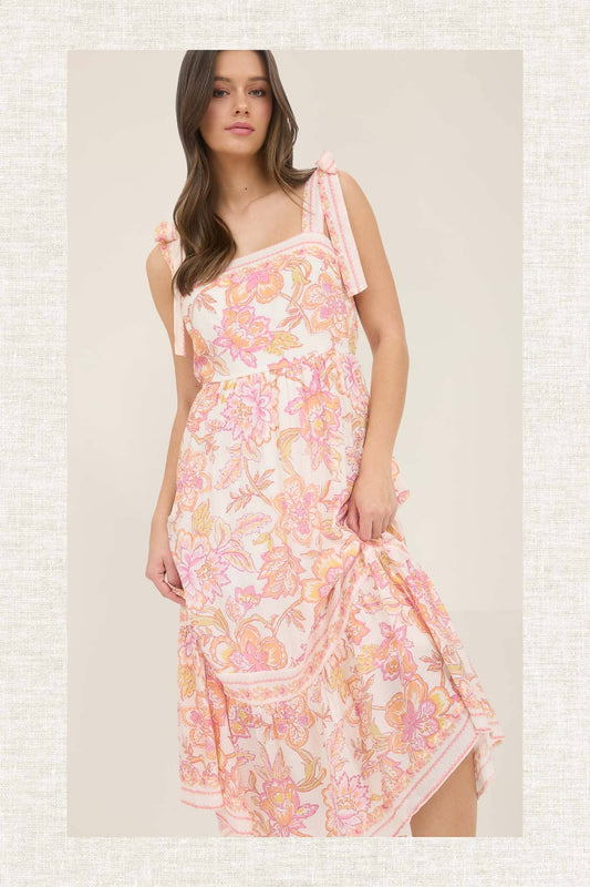 Floral Trim Detail Tie Strap Midi Dress