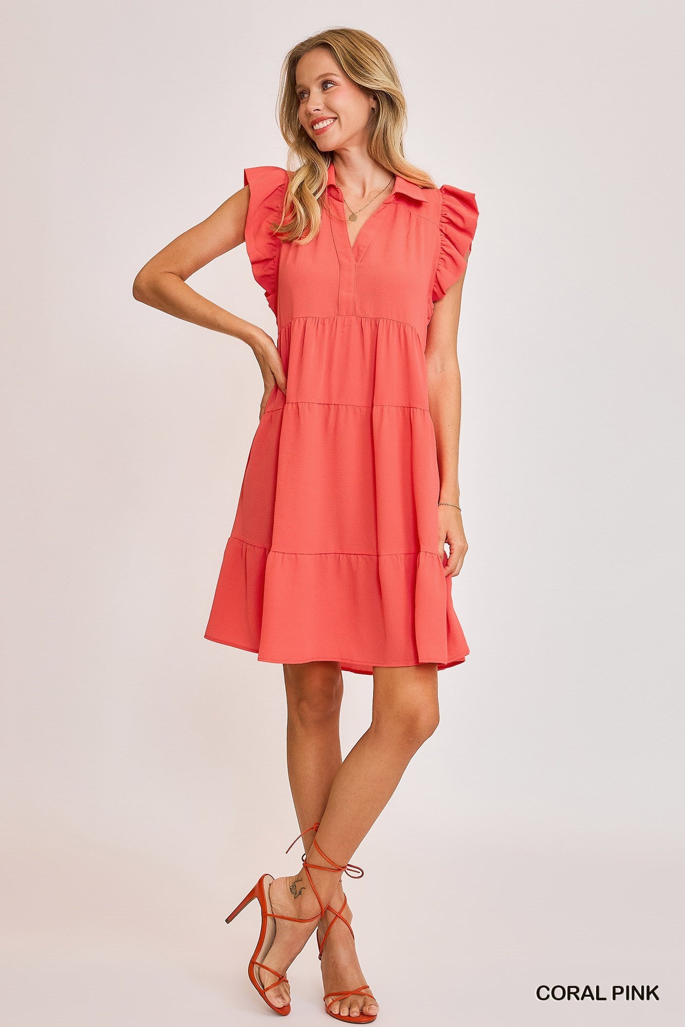 Ruffle Sleeve Tiered Dress (Coral)