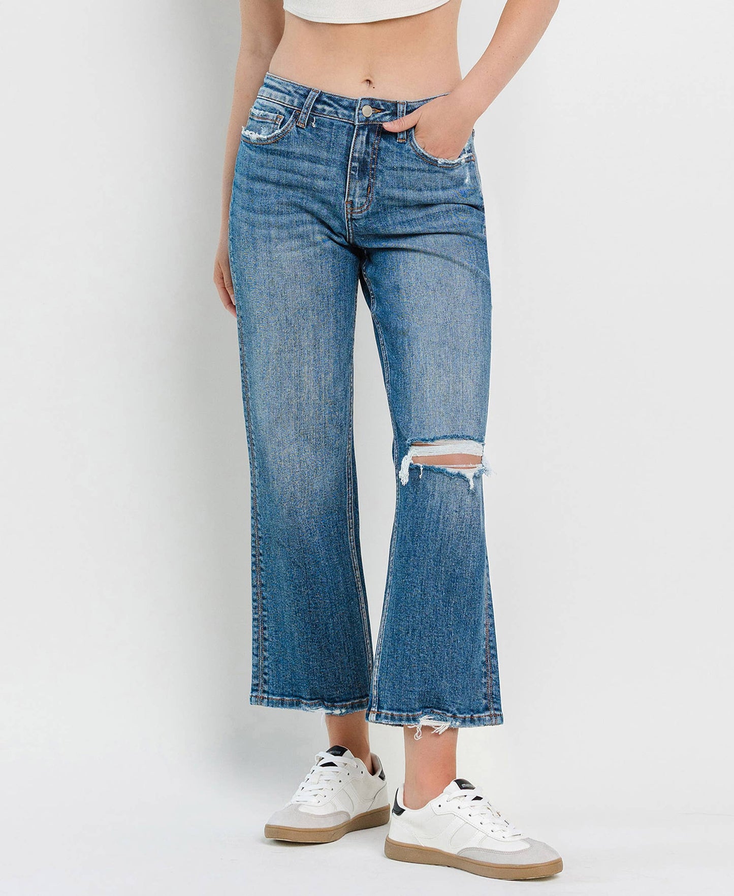 High Rise Distressed Slim Wide Cropped Jeans
