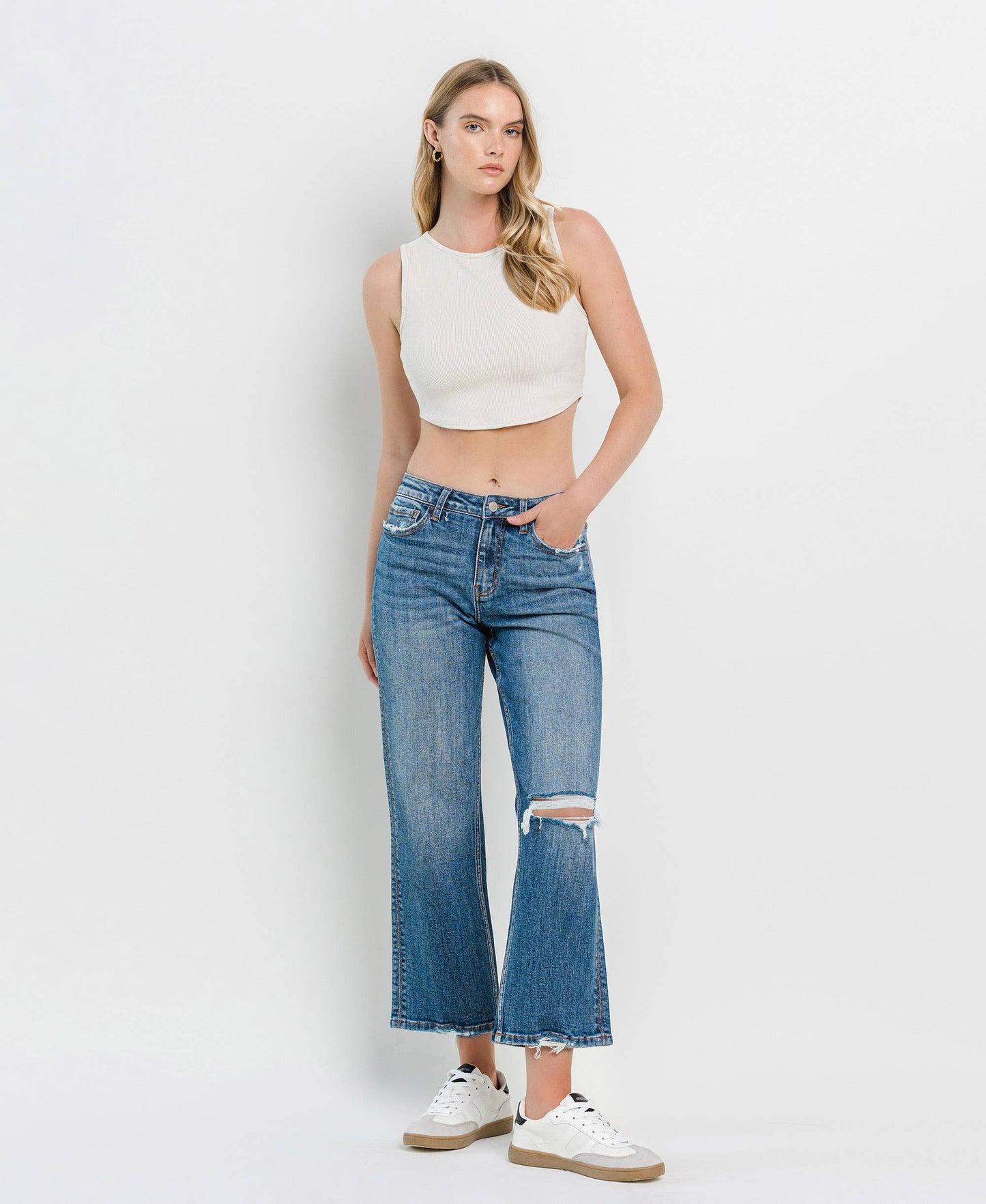 High Rise Distressed Slim Wide Cropped Jeans