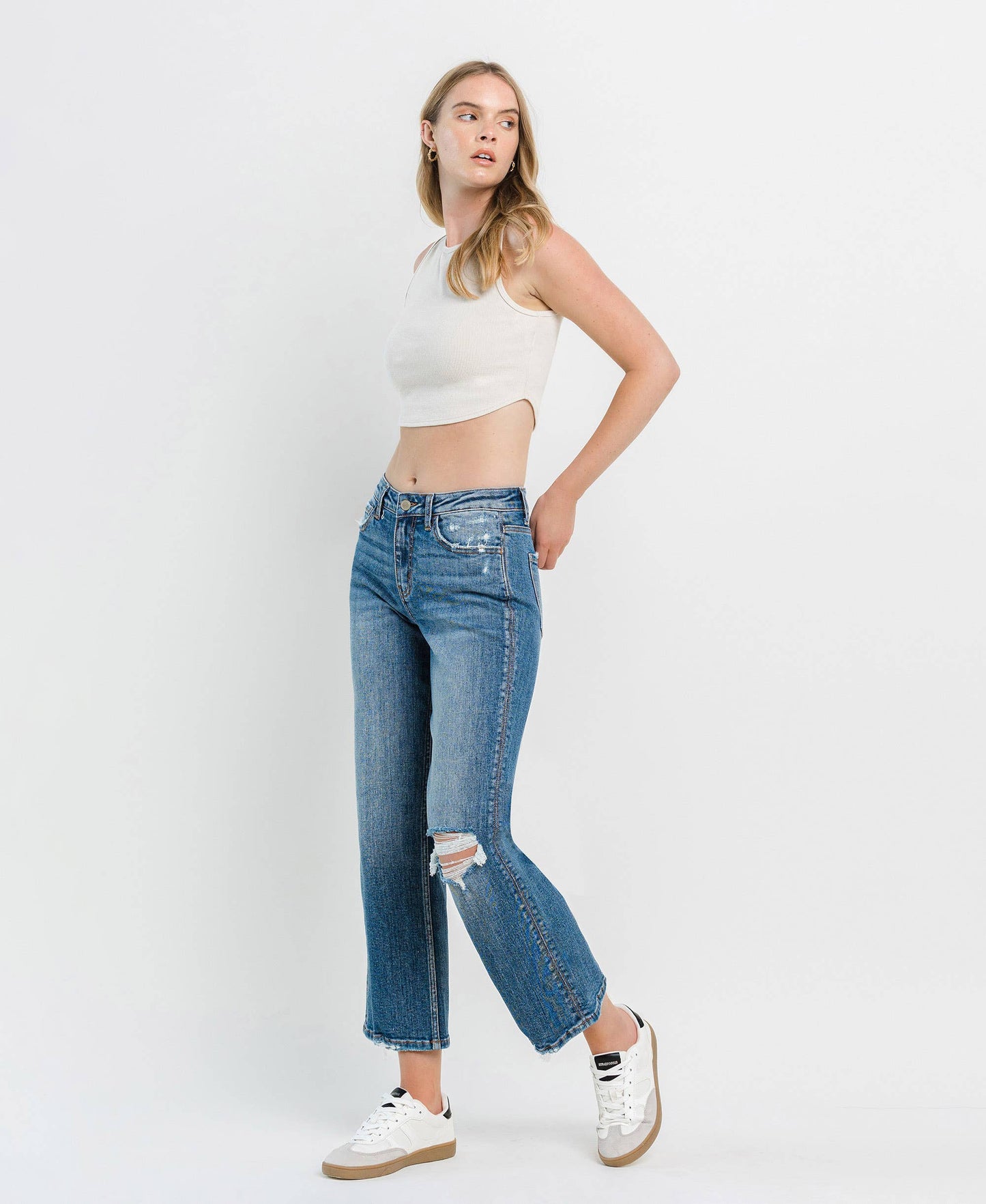 High Rise Distressed Slim Wide Cropped Jeans