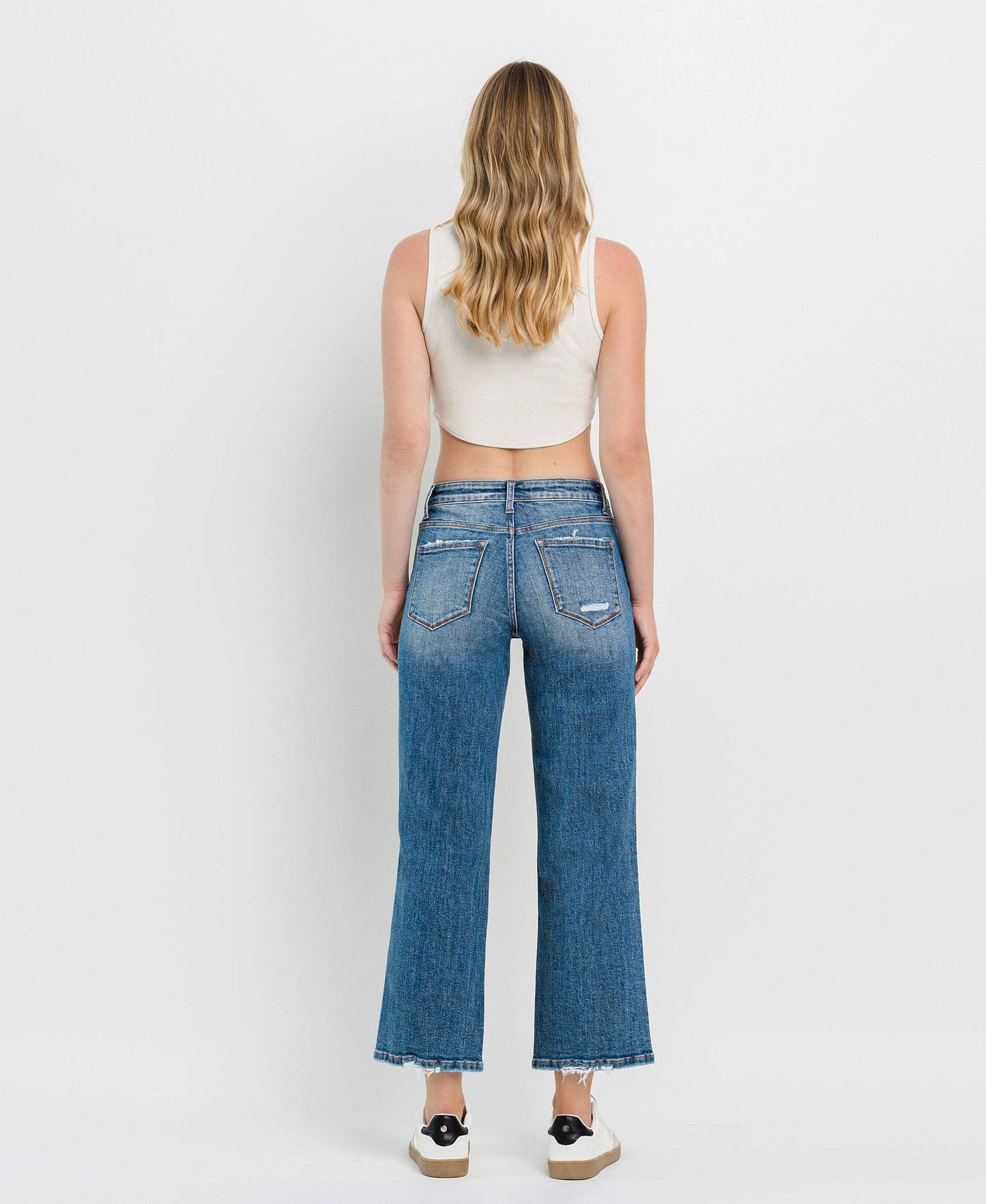 High Rise Distressed Slim Wide Cropped Jeans