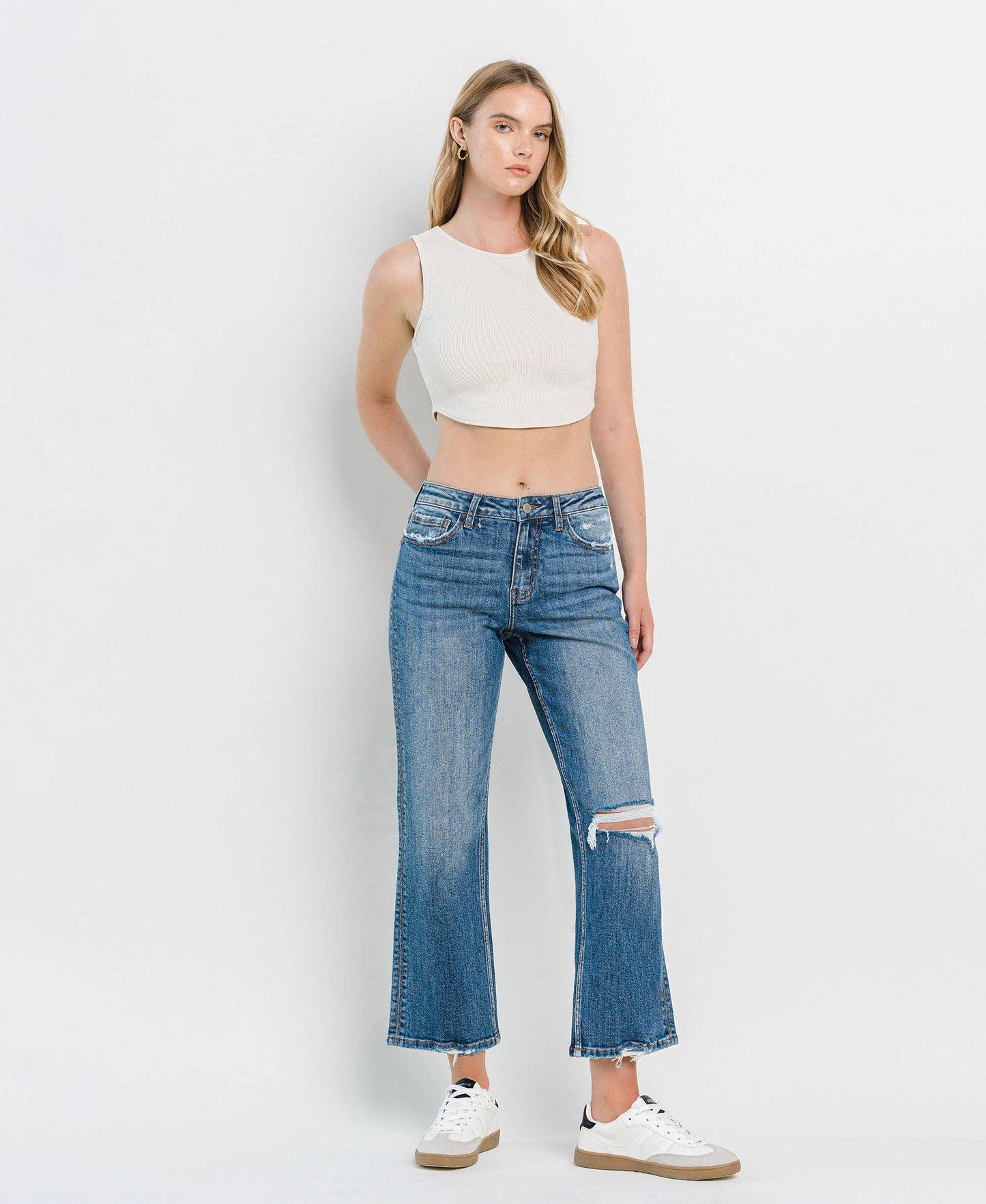 High Rise Distressed Slim Wide Cropped Jeans