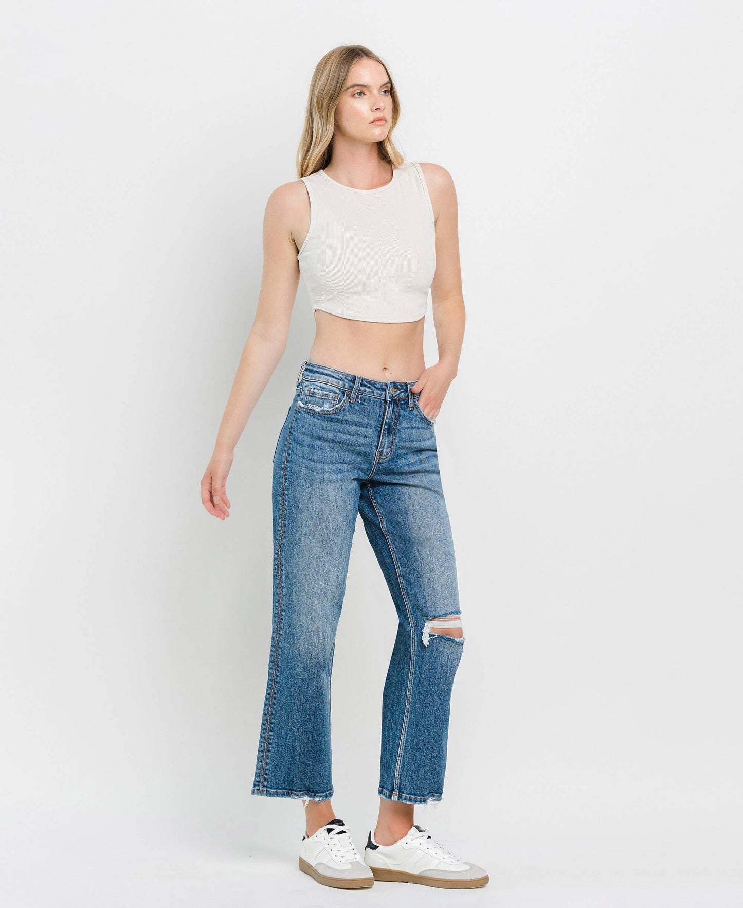 High Rise Distressed Slim Wide Cropped Jeans
