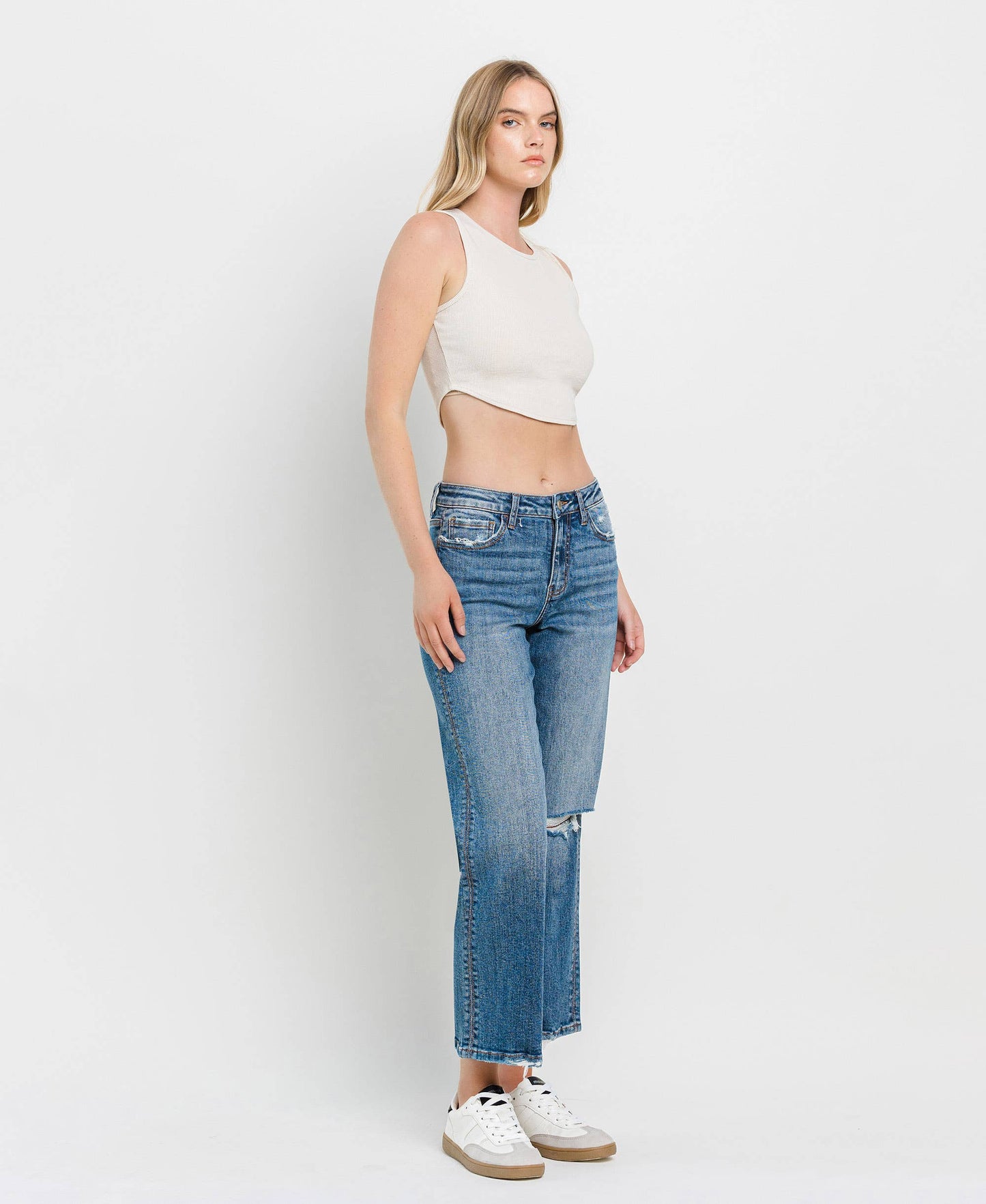 High Rise Distressed Slim Wide Cropped Jeans