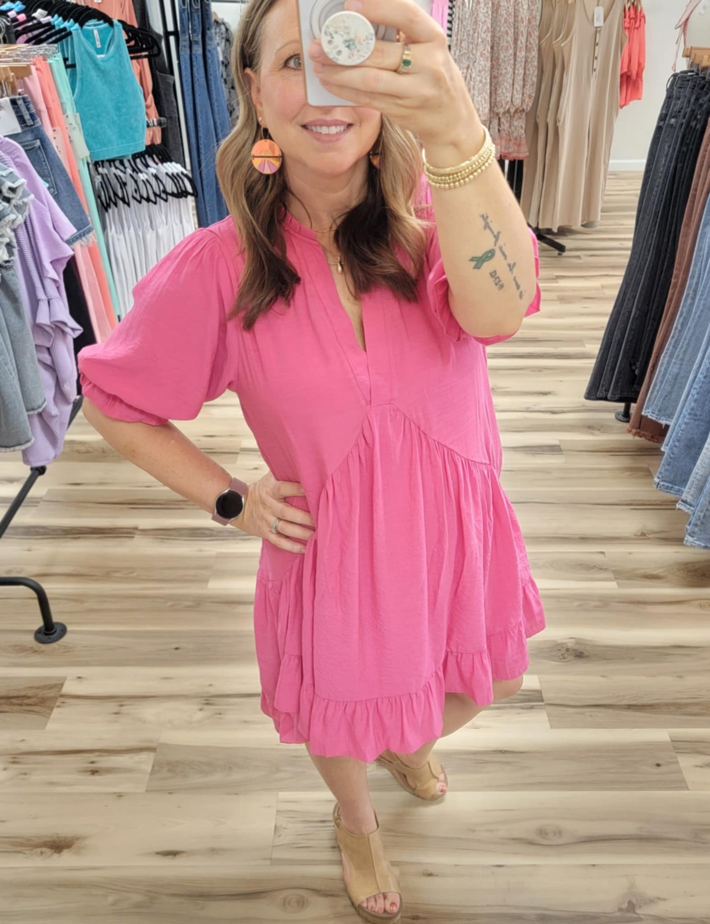 Split Neck Ruffle Short Dress w/ Short Puff Sleeves