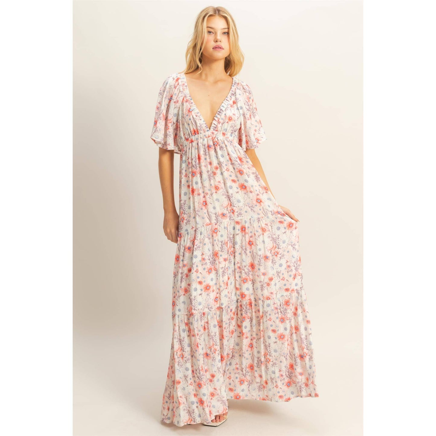 V-Neck Flowy Sleeves Tiered Maxi Dress