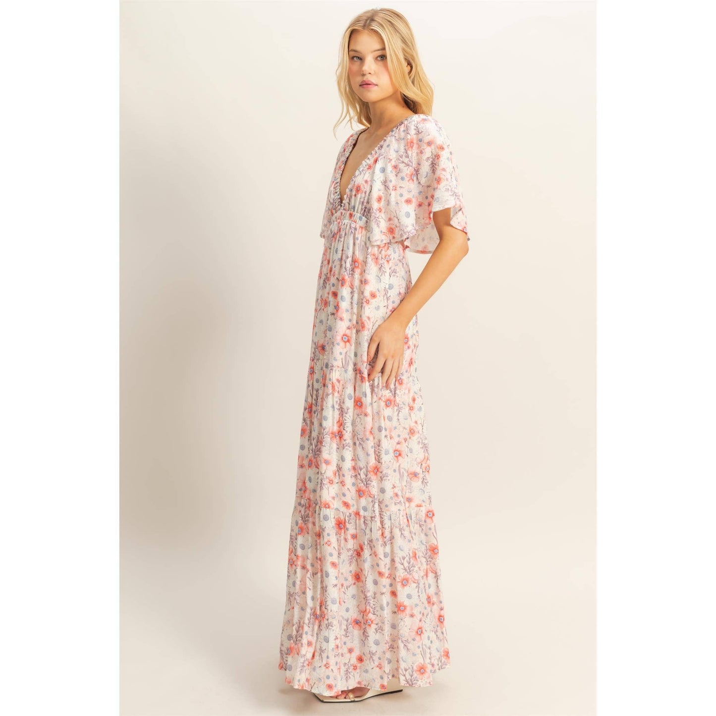 V-Neck Flowy Sleeves Tiered Maxi Dress