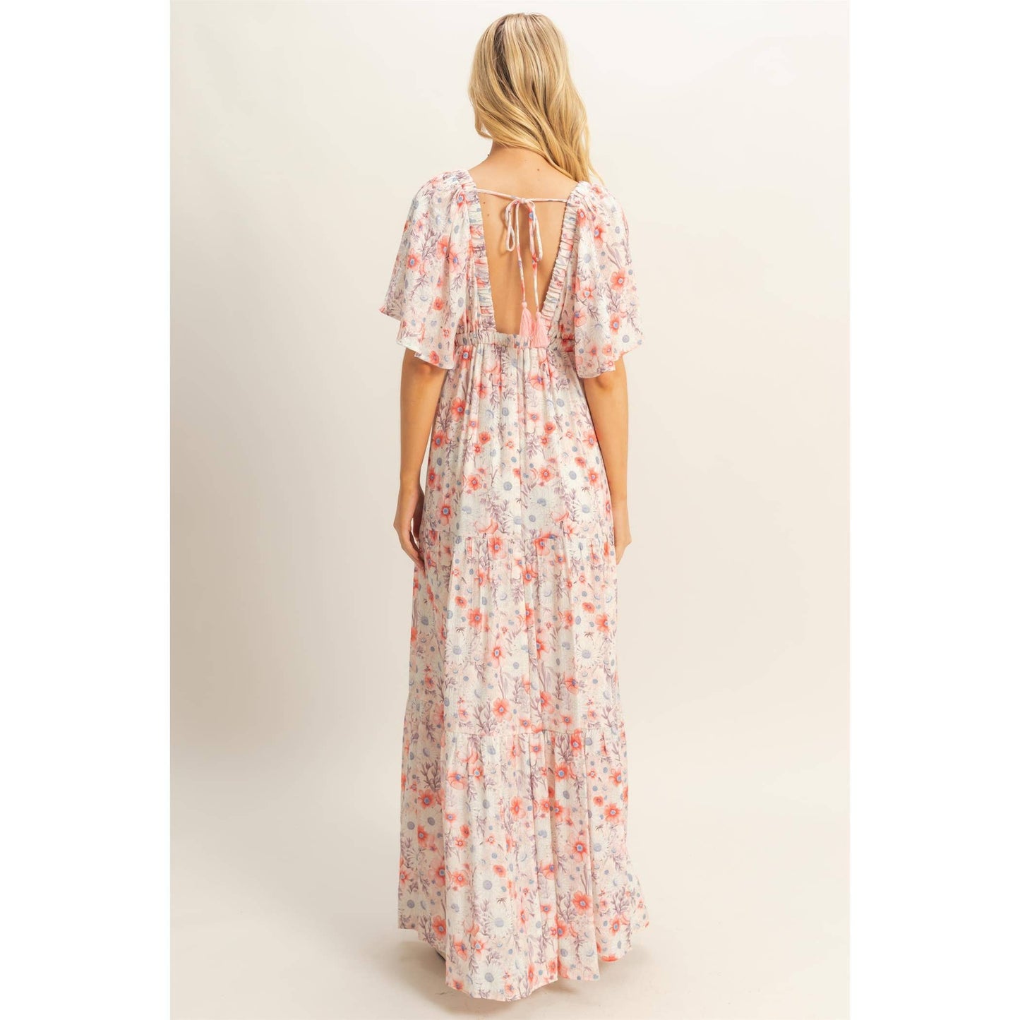 V-Neck Flowy Sleeves Tiered Maxi Dress
