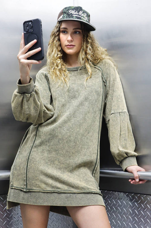 Mineral Washed Raglan Sleeve Casual Mini Dress