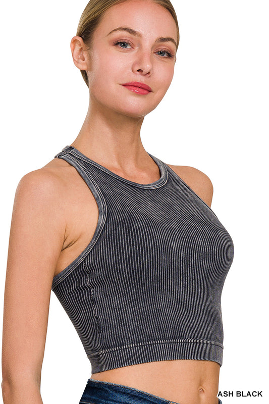 Washed Ribbed Seamless Cropped Tank w/ Pads