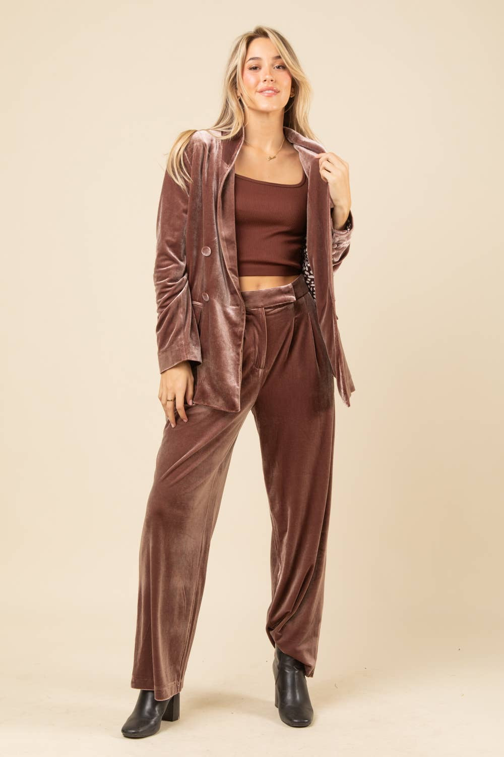 Mocha Double Breasted Velvet Holiday Jacket