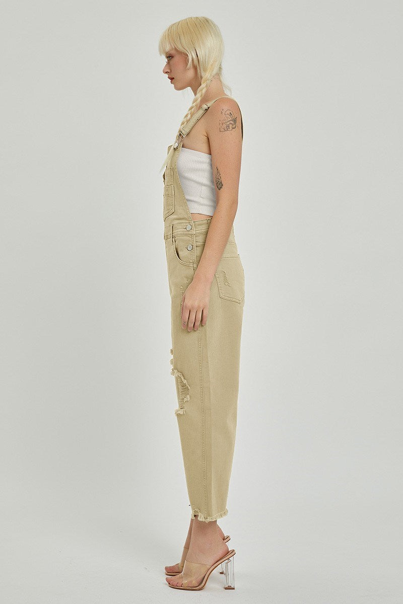 Risen High Rise Distressed Strait Overalls in Sand