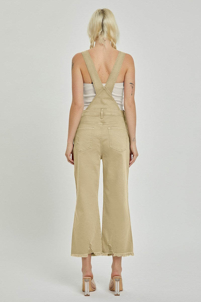 Risen High Rise Distressed Strait Overalls in Sand