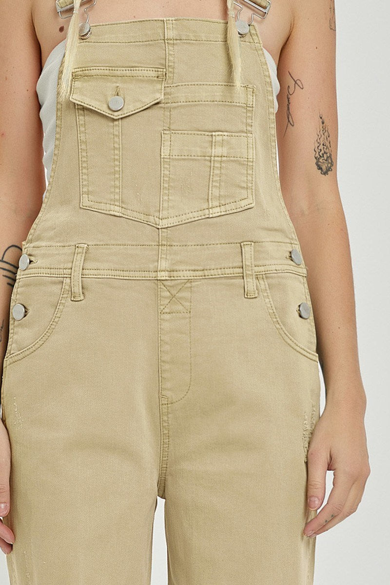 Risen High Rise Distressed Strait Overalls in Sand