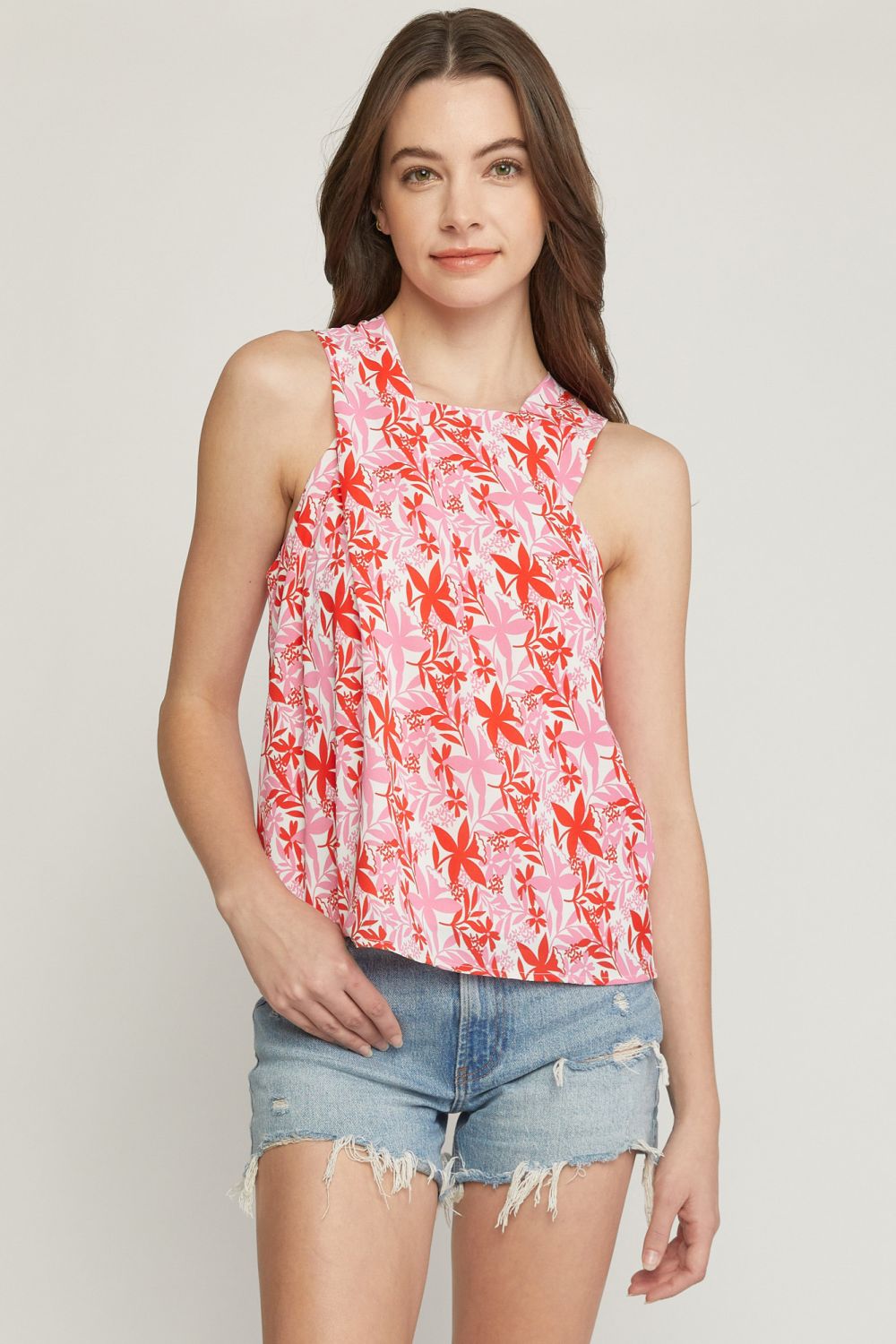 Square Neck Leaf Print Tank