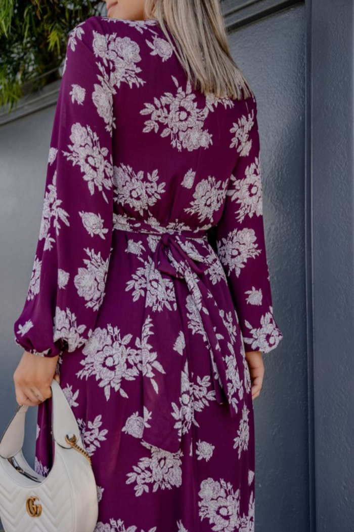 Purple Floral Print Woven Midi Dress