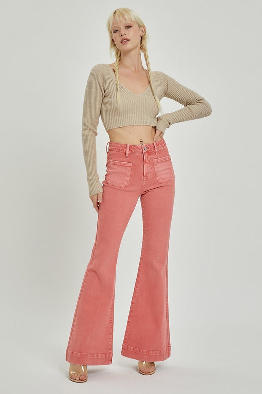 Risen High Rise Bell Bottom Jeans- Peach Blossom